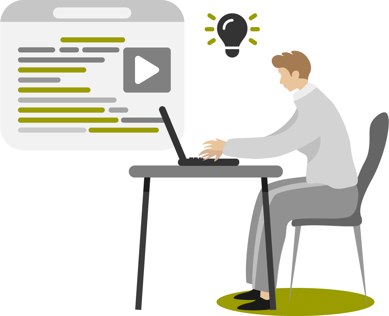 Eine Person sitzt mit Laptop an einem Tisch. Im Hintergrund ein großes Programmfenster mit angedeutetem Text darin.