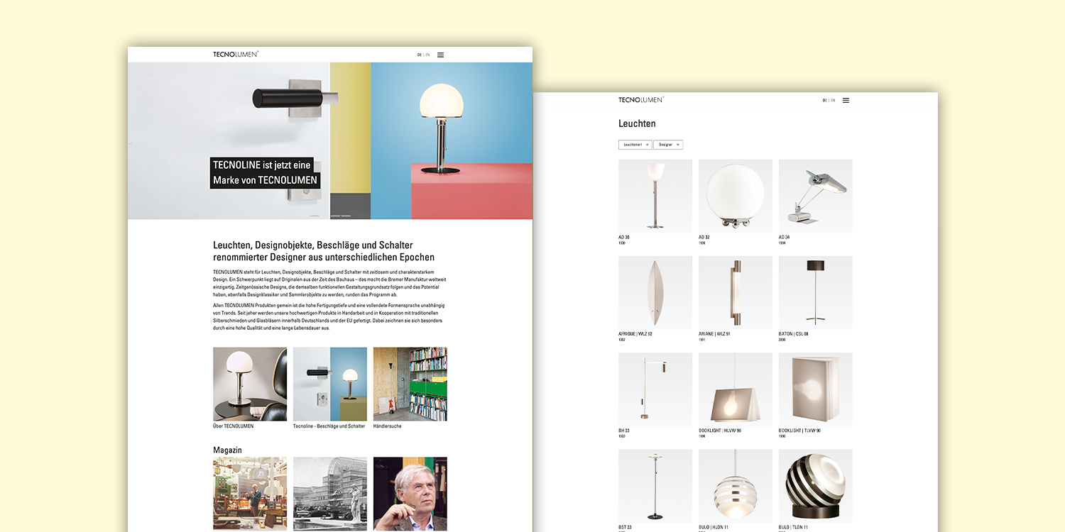 Links ein Screenshot der Startseite. Im oberen Drittel ein Foto mit einem Türgriff und einer Tischlampe. Im mittleren Drittel Text. Im unteren Drittel in einer Zeile drei quadratische Fotos von Lampen. Darunter in der nächsten Zeile zwei quadratische Fotos von zwei Gebäuden und einem Portrait vom TECNOLUMEN-Gründer Walter Schnepel.