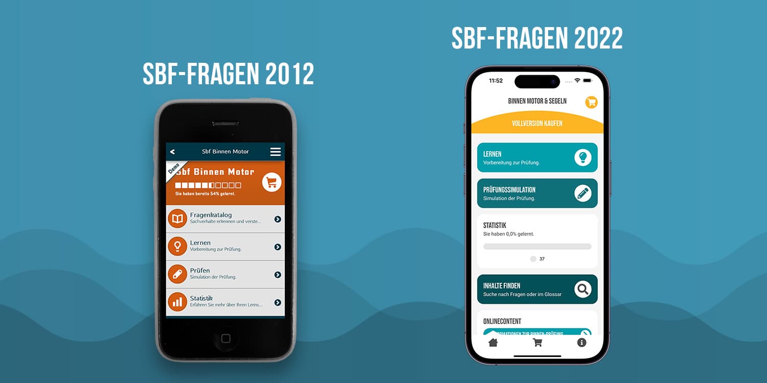 Links in einem Smartphone das orange-weiße Dashboard der alten App von 2012. Ausgewählt ist der Schein "Sbf Binnen Motor", darunter befindet sich das Menü mit Absprüngen zum Fragenkatalog, Lernen, Prüfen und Statistik.
Rechts das moderne blau-weiß-gelbe Dashboard der neuen App von 2022. Oben ist der Schein "Binnen Motor & Segeln" ausgewählt, darunter eine gelbe Schaltfläche "Vollversion kaufen". Darunter befinden sich die blau und weiß hinterlegten Kacheln mit Absprüngen zu Lernen, Prüfungssimulation, Statistik, Inhalte finden und Onlinecontent. Ganz unten ist eine Navigation bestehend aus drei Symbolen: links ein Haus, in der Mitte ein Einkaufswagen und rechts ein i.