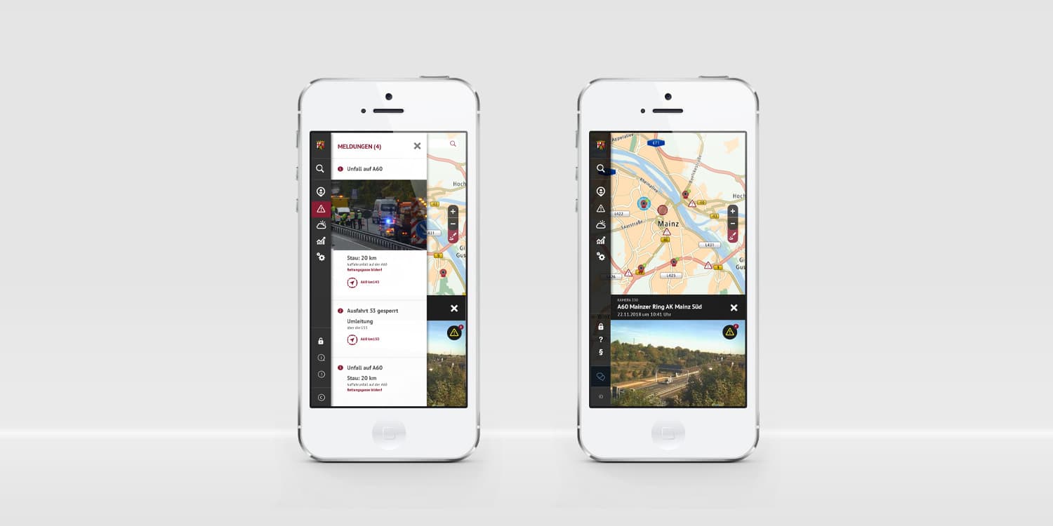 Zwei weiße Smartphones, auf denen jeweils der Mobilitätsatlas geöffnet ist. Jeweils links am Rand eine Leiste mit dem Menü. Auf dem linken Smartphone ist das Menü geöffnet und bedeckt fast bis zum rechten Rand den Inhalt darunter. Im Menü einige Punkte und ein Foto von einem Verkehrsstau.
Auf dem rechten Smartphone ist eine Landkarte zu sehen, darunter ein Foto einer Autobahn.